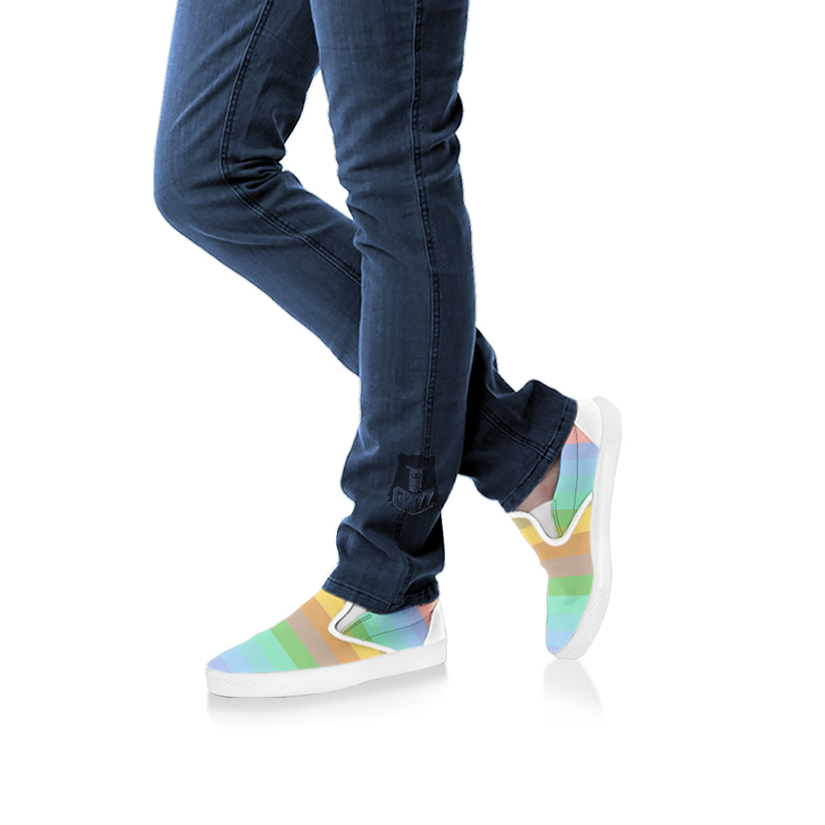 Stiped Rainbow Pastel Print White Slip On Shoes-grizzshop