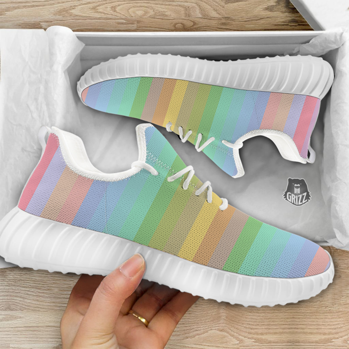 Stiped Rainbow Pastel Print White Walking Shoes-grizzshop