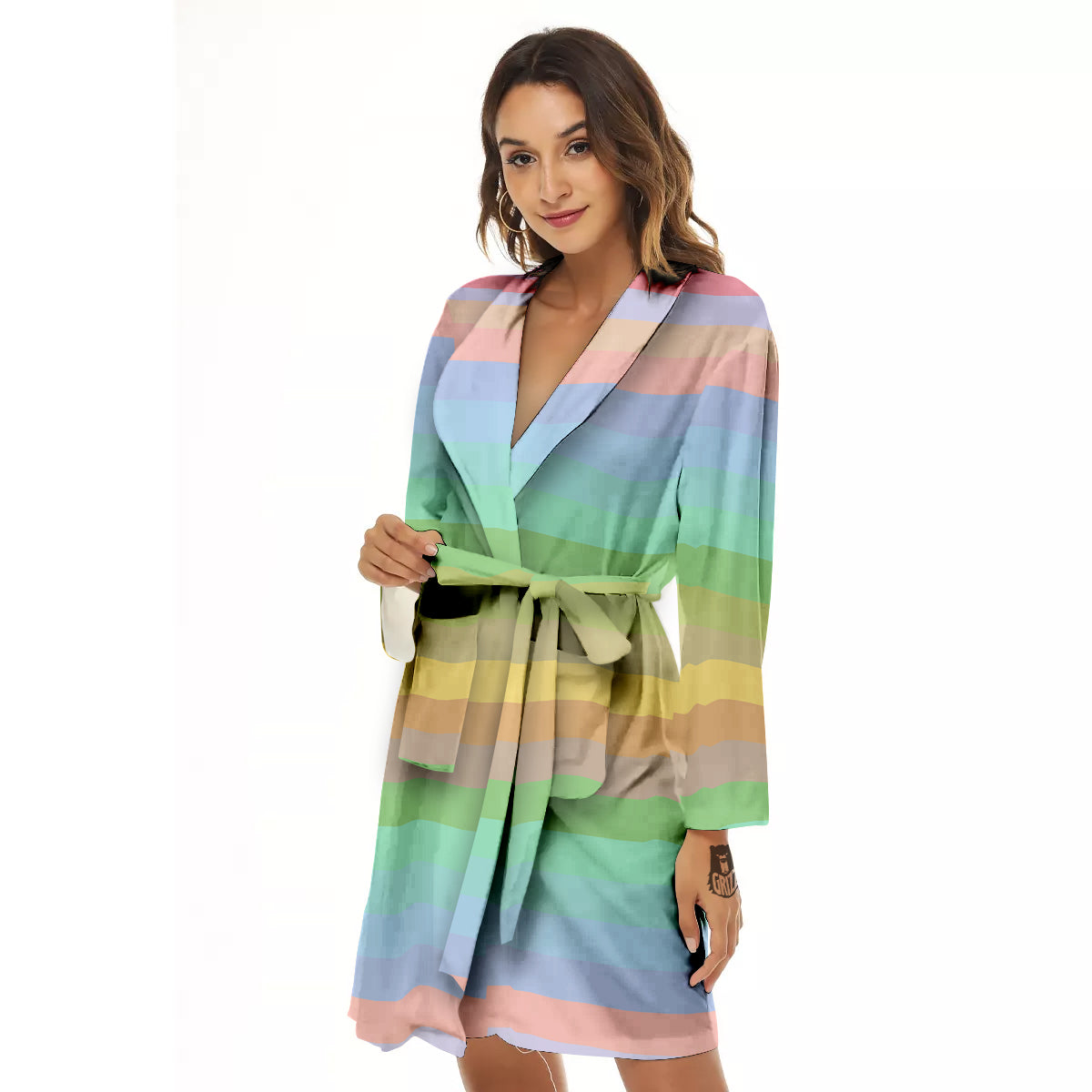 Stiped Rainbow Pastel Print Women's Robe-grizzshop