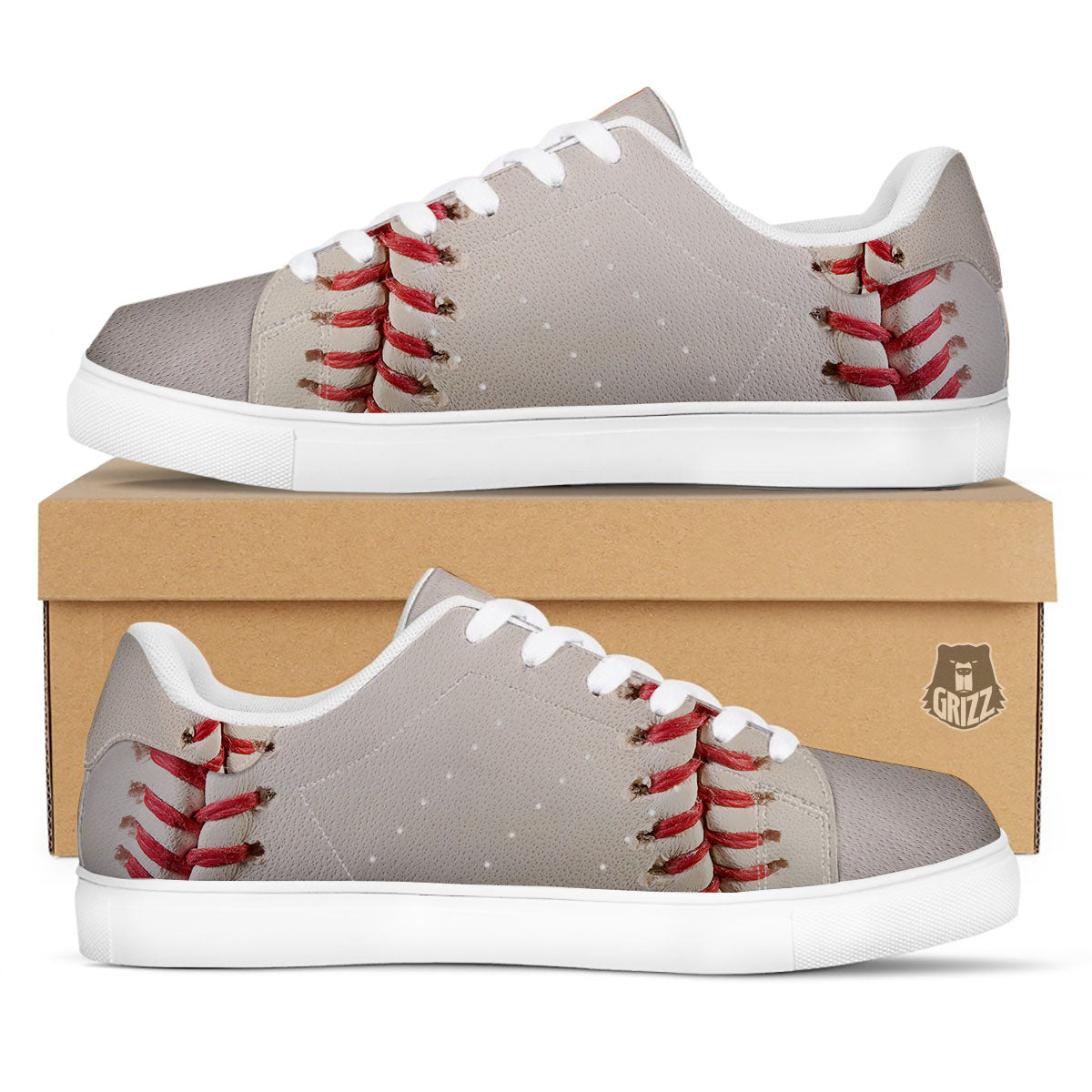 Stitching Baseball Print White Low Top Sneakers-grizzshop