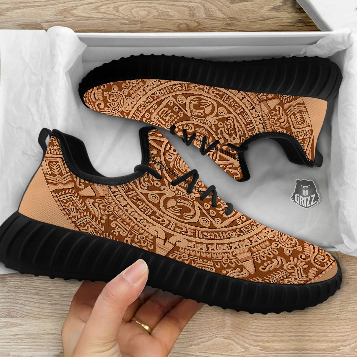 Stone Mayan Print Black Walking Shoes-grizzshop