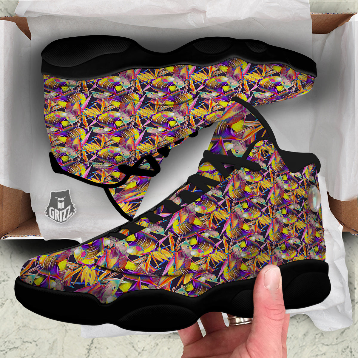 Strelitzia and Fish Tropical Exotic Print Pattern Black Basketball Shoes-grizzshop