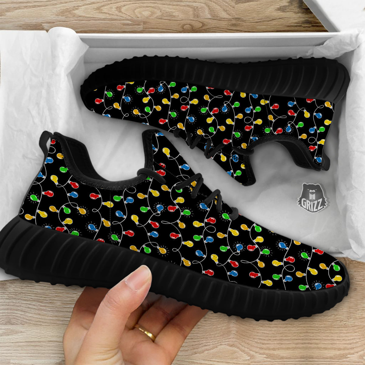 String Lights Colorful Christmas Print Black Walking Shoes-grizzshop