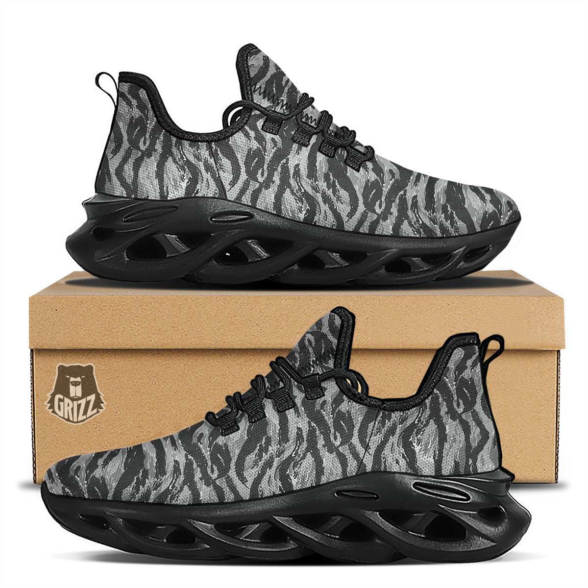Stripe Camouflage Grey Tiger Print Black Running Shoes-grizzshop