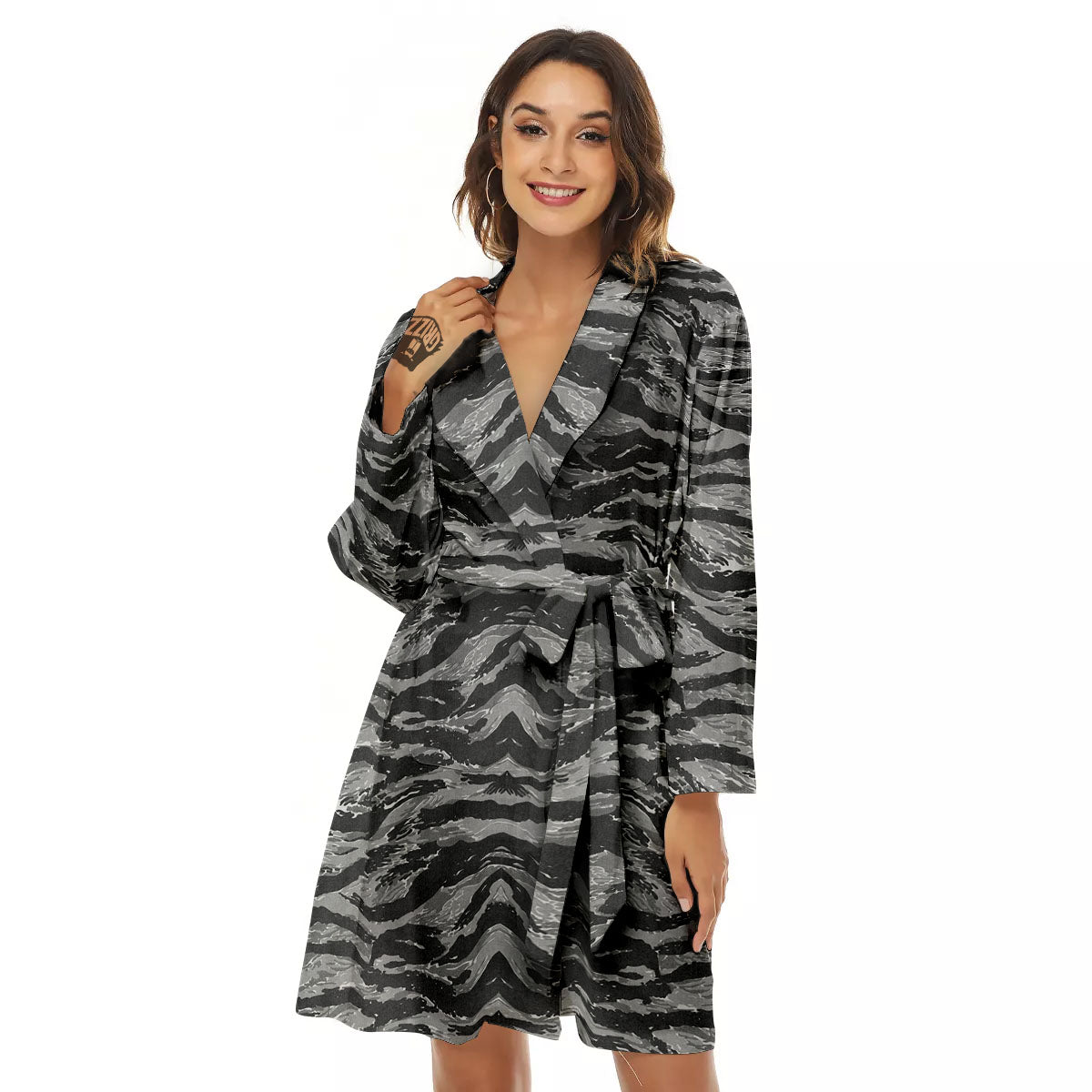 Stripe Camouflage Grey Tiger Print Women's Robe-grizzshop
