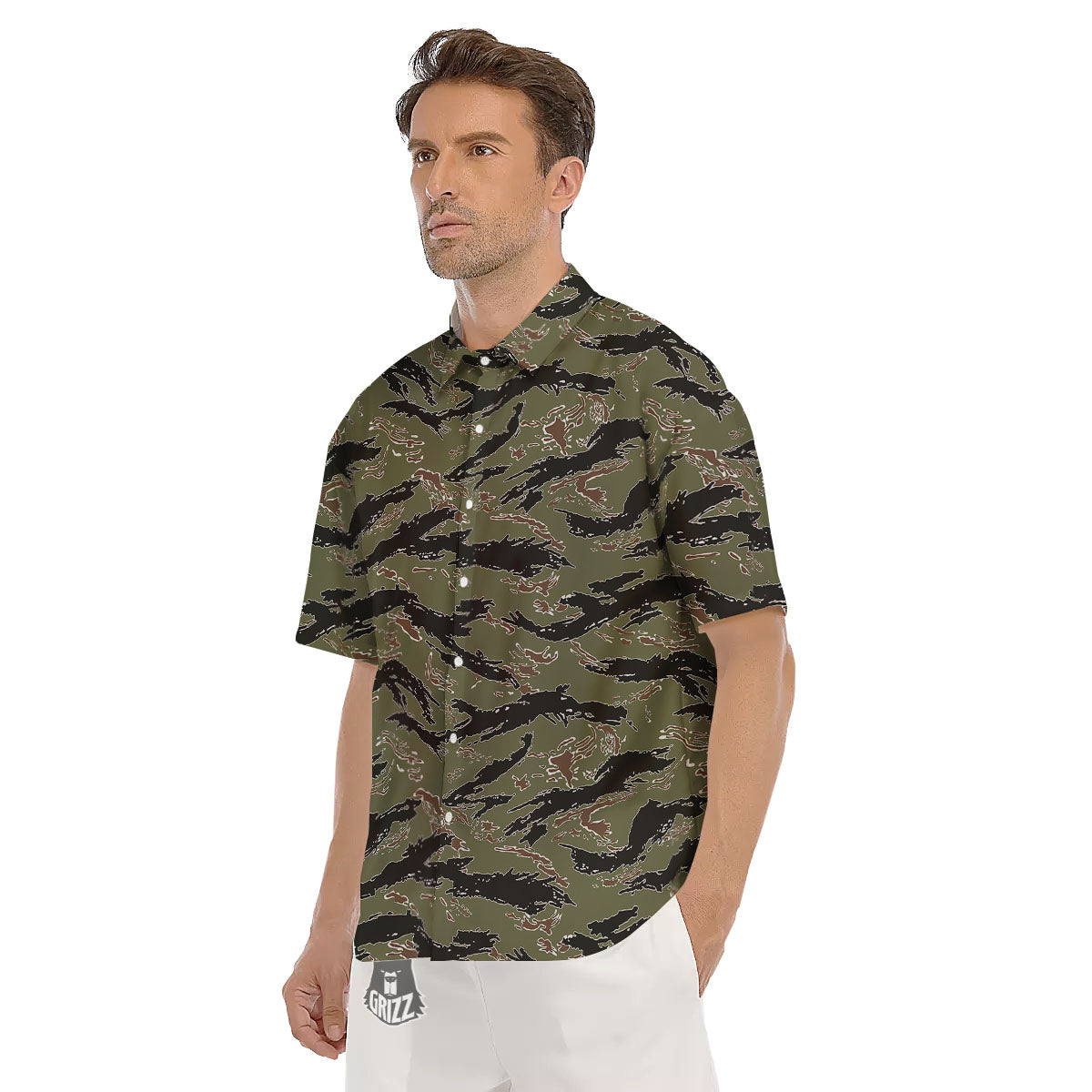 Stripe Camouflage Military Tiger Print Men's Short Sleeve Shirts-grizzshop