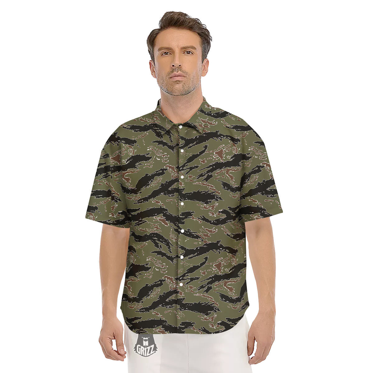 Stripe Camouflage Military Tiger Print Men's Short Sleeve Shirts-grizzshop