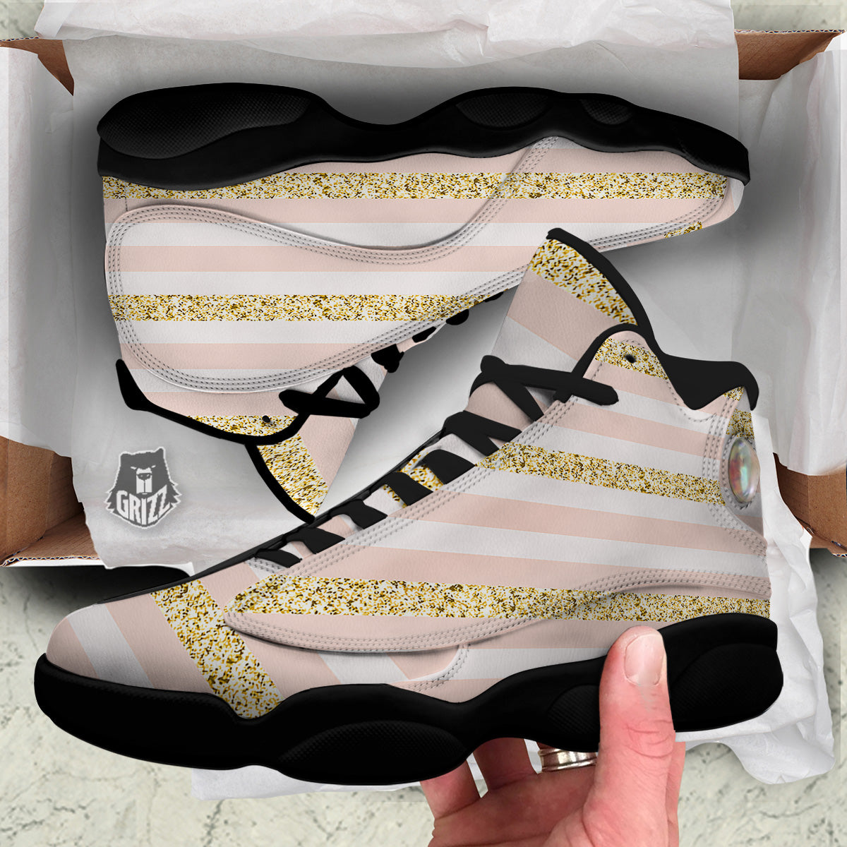 Stripe Glitter Gold Print Pattern Black Basketball Shoes-grizzshop