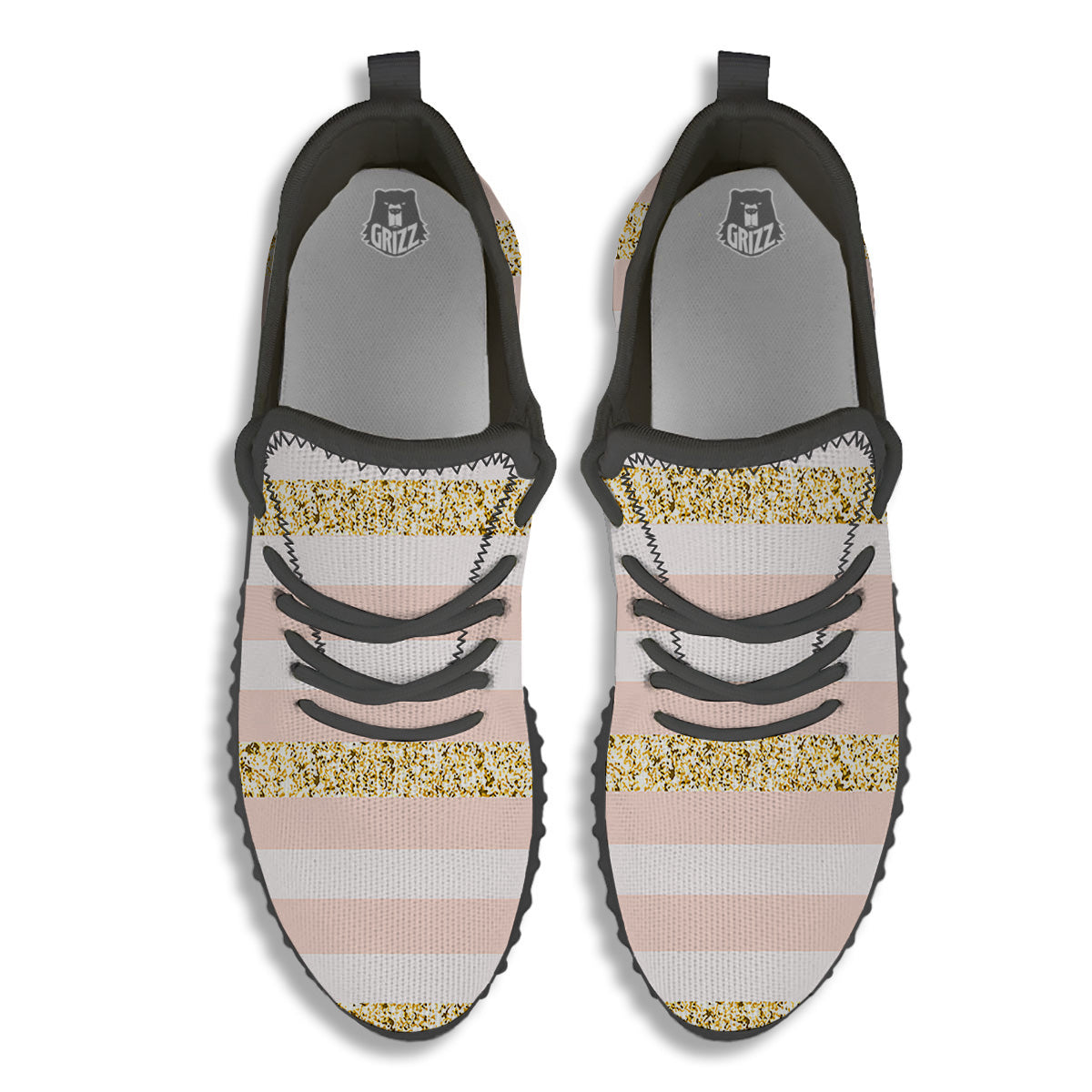 Stripe Glitter Gold Print Pattern Black Walking Shoes-grizzshop
