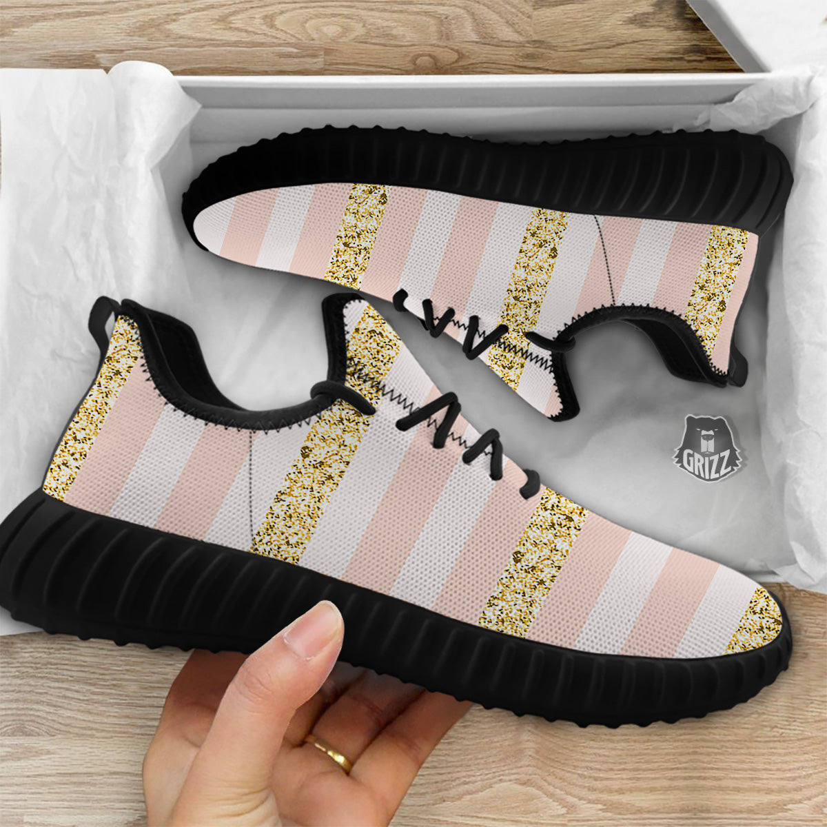 Stripe Glitter Gold Print Pattern Black Walking Shoes-grizzshop