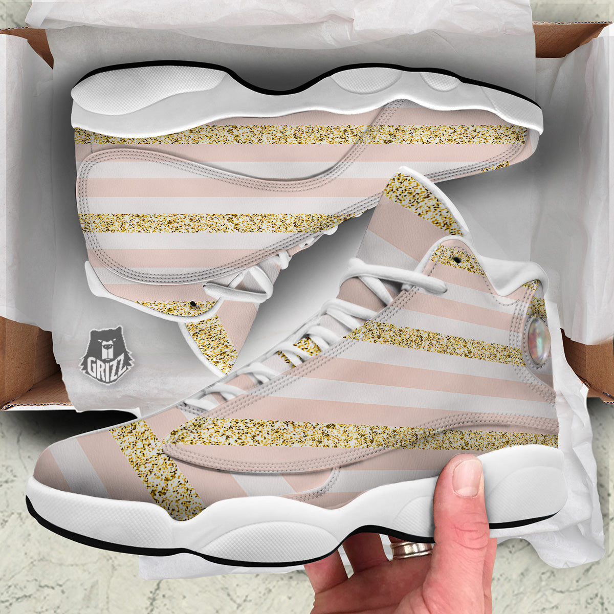 Stripe Glitter Gold Print Pattern White Basketball Shoes-grizzshop