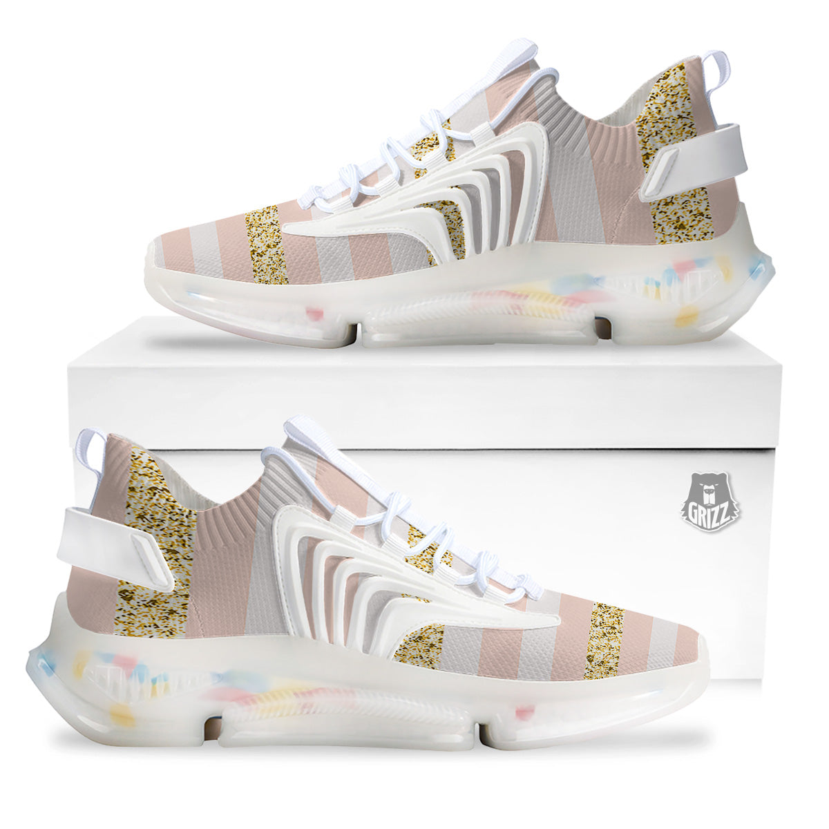 Stripe Glitter Gold Print Pattern White Gym Shoes-grizzshop