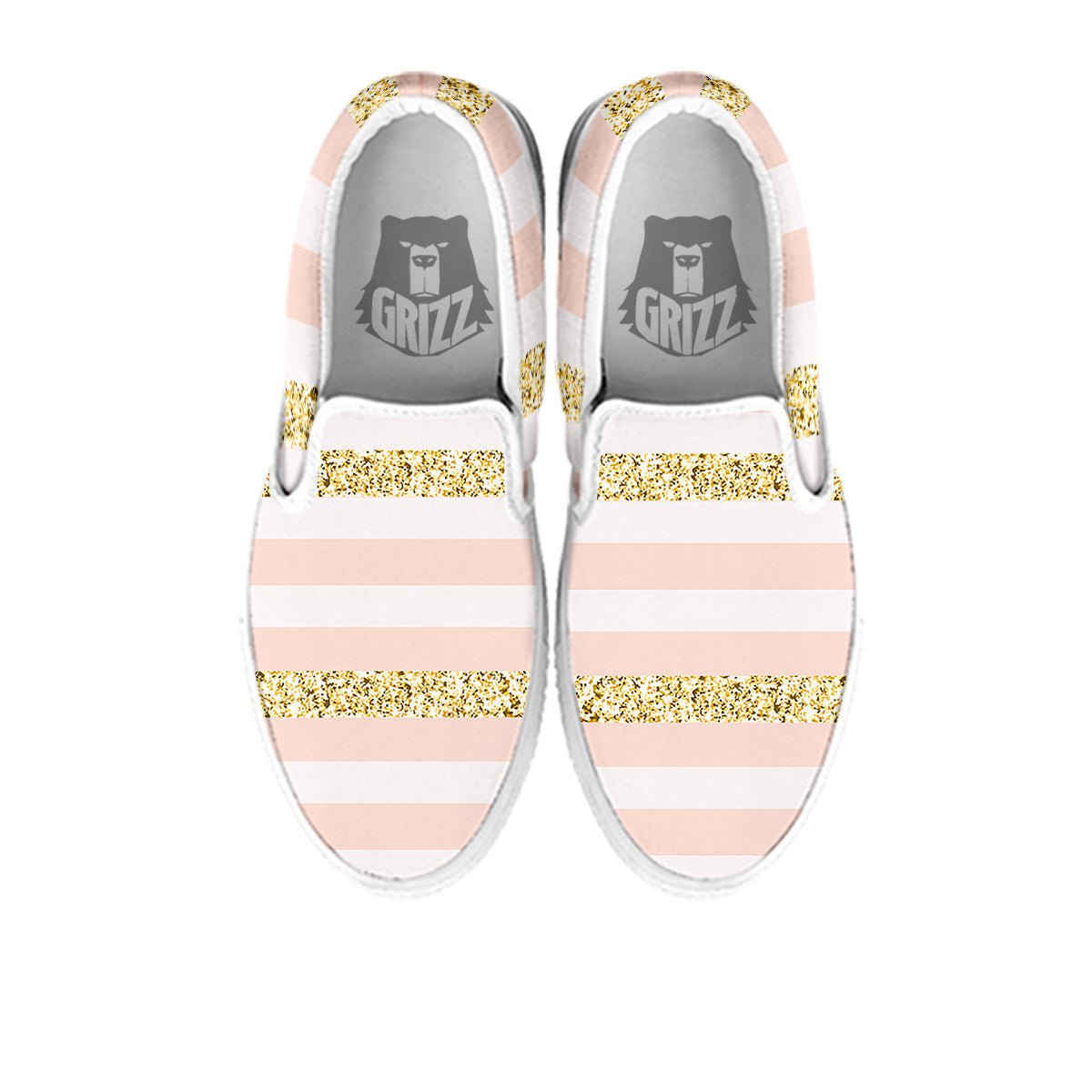 Stripe Glitter Gold Print Pattern White Slip On Shoes-grizzshop