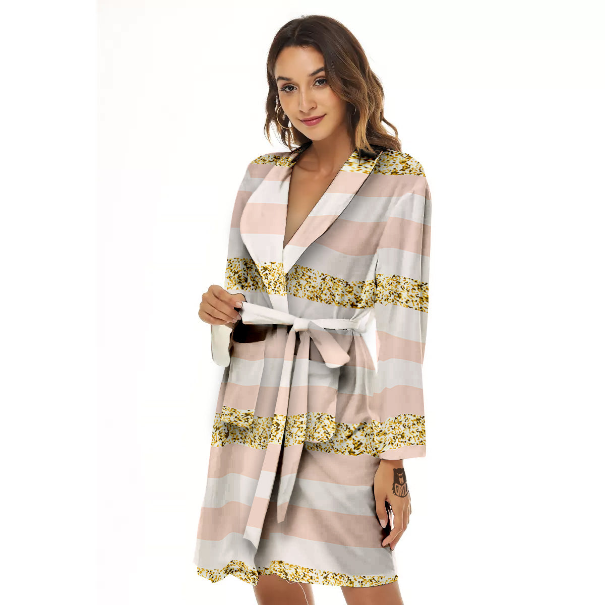 Stripe Glitter Gold Print Pattern Women's Robe-grizzshop