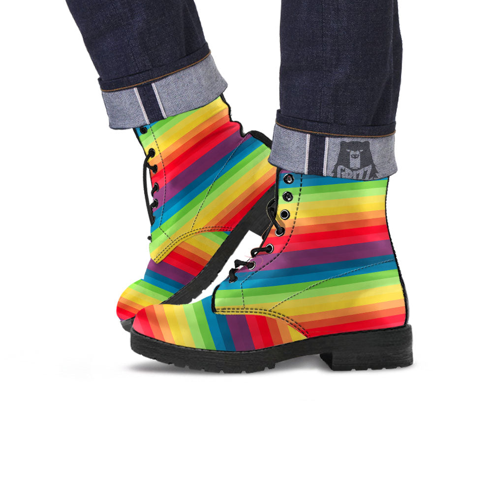 Stripe Rainbow Print Pattern Leather Boots-grizzshop