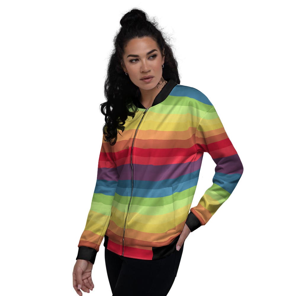 Stripe Rainbow Print Pattern Women's Bomber Jacket-grizzshop
