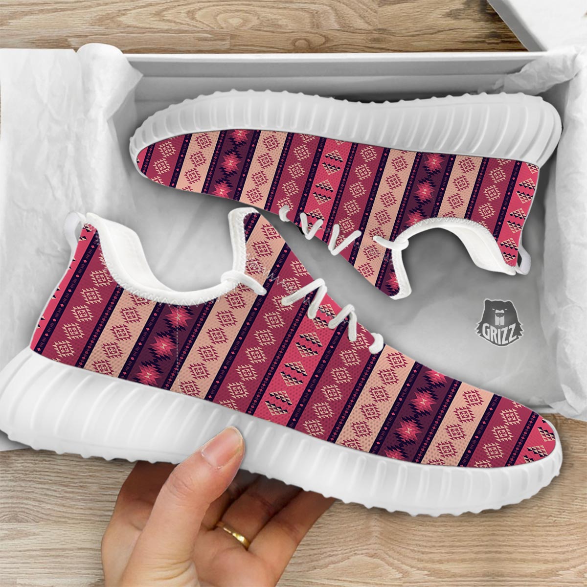 Stripe Southwestern Print Pattern White Walking Shoes-grizzshop