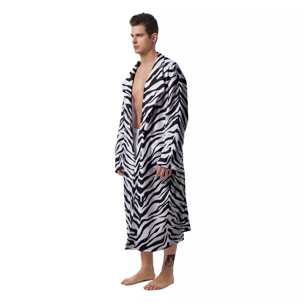 Stripe White Tiger Print Pattern Men's Robe-grizzshop