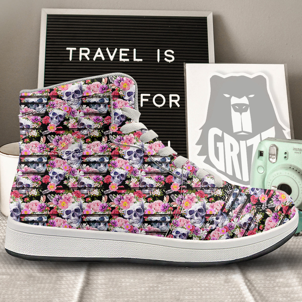 Striped Aloha Skull Print Pattern High Top Sneakers-grizzshop