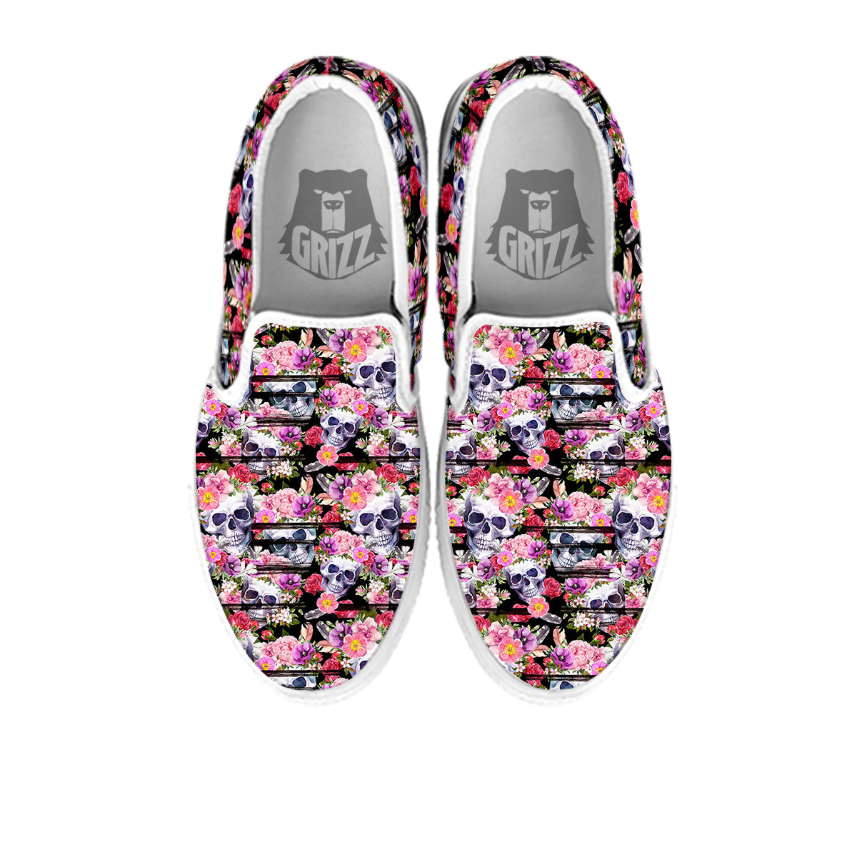 Striped Aloha Skull Print Pattern White Slip On Shoes-grizzshop