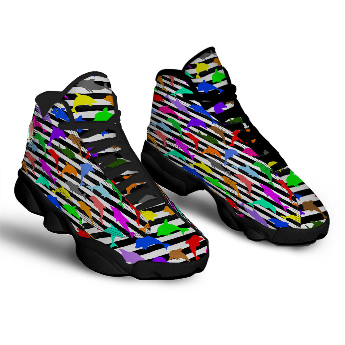 Striped And Colorful Dolphin Print Pattern Black Basketball Shoes-grizzshop