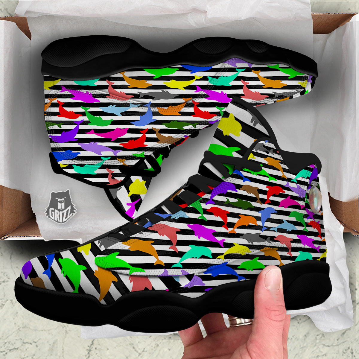 Striped And Colorful Dolphin Print Pattern Black Basketball Shoes-grizzshop