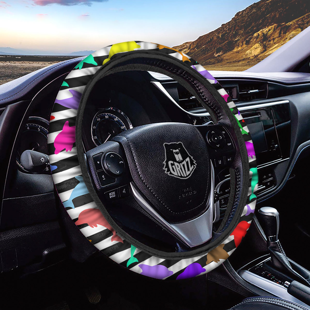 Striped And Colorful Dolphin Print Pattern Car Steering Wheel Cover-grizzshop