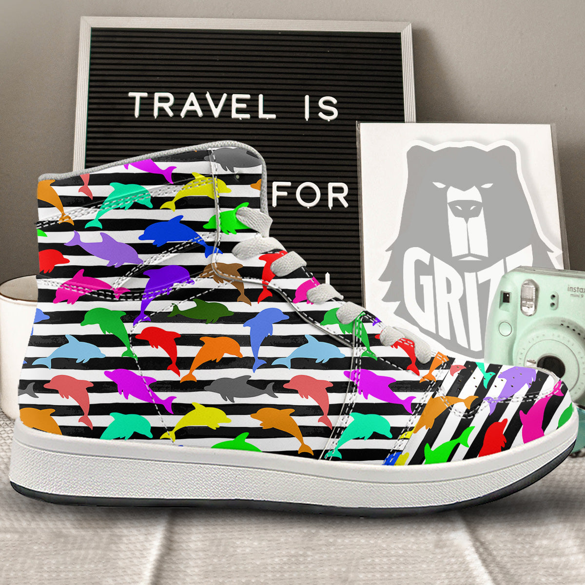 Striped And Colorful Dolphin Print Pattern High Top Sneakers-grizzshop