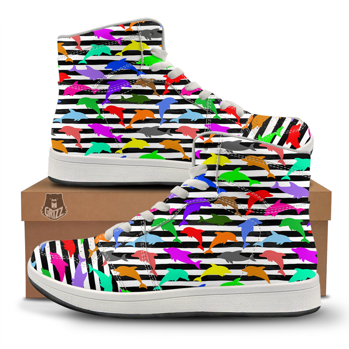 Striped And Colorful Dolphin Print Pattern High Top Sneakers-grizzshop