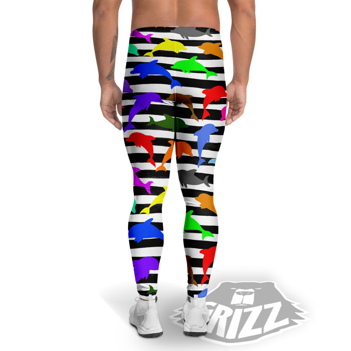 Striped And Colorful Dolphin Print Pattern Men's Leggings-grizzshop
