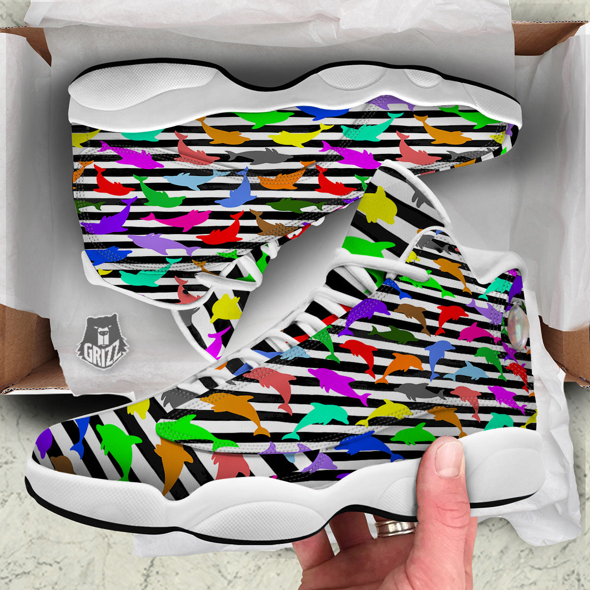 Striped And Colorful Dolphin Print Pattern White Basketball Shoes-grizzshop