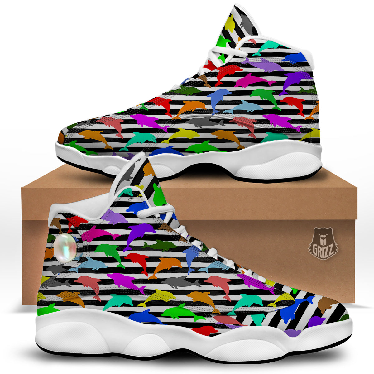Striped And Colorful Dolphin Print Pattern White Basketball Shoes-grizzshop