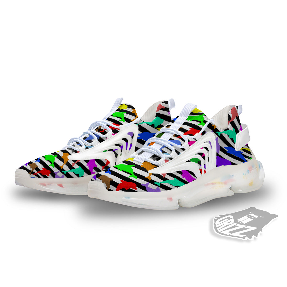 Striped And Colorful Dolphin Print Pattern White Gym Shoes-grizzshop