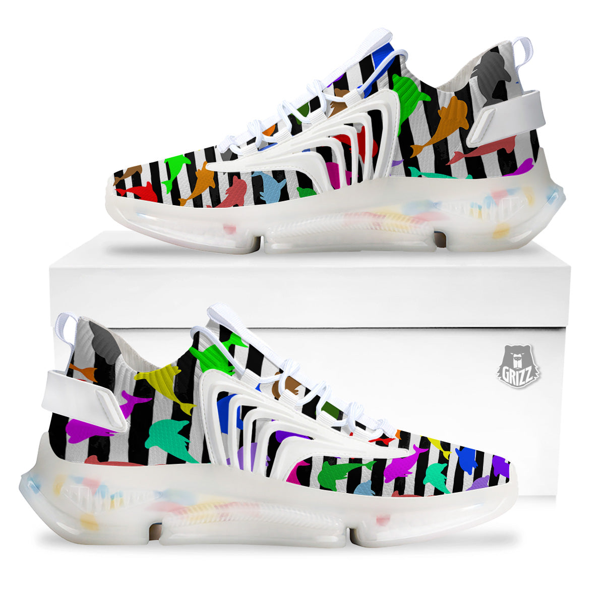 Striped And Colorful Dolphin Print Pattern White Gym Shoes-grizzshop