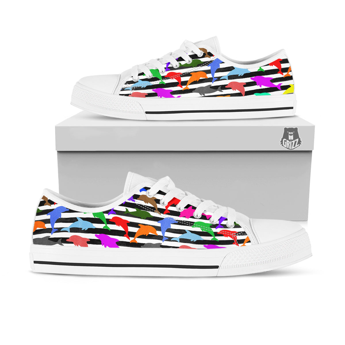 Striped And Colorful Dolphin Print Pattern White Low Top Shoes-grizzshop