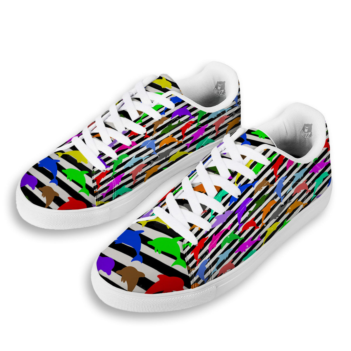Striped And Colorful Dolphin Print Pattern White Low Top Sneakers-grizzshop