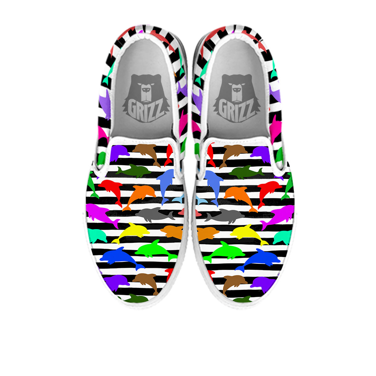 Striped And Colorful Dolphin Print Pattern White Slip On Shoes-grizzshop