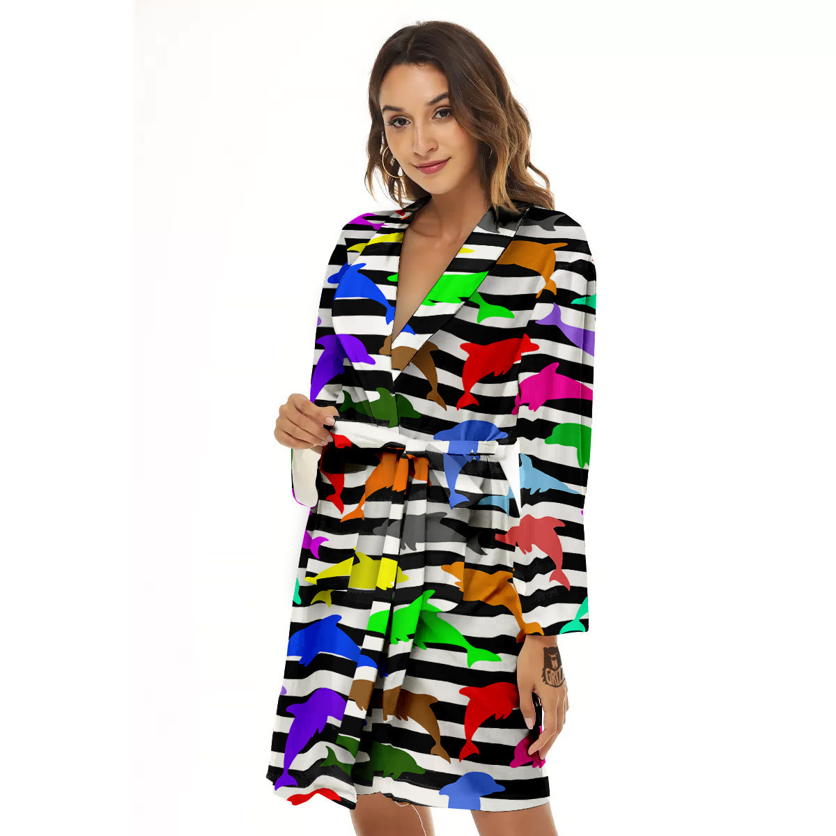 Striped And Colorful Dolphin Print Pattern Women's Robe-grizzshop