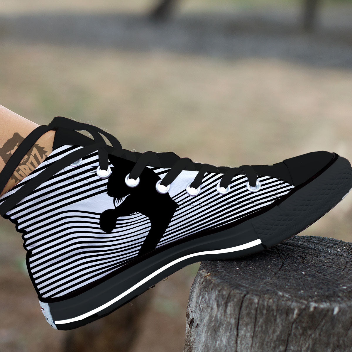 Striped Black Cat Print Black High Top Shoes-grizzshop