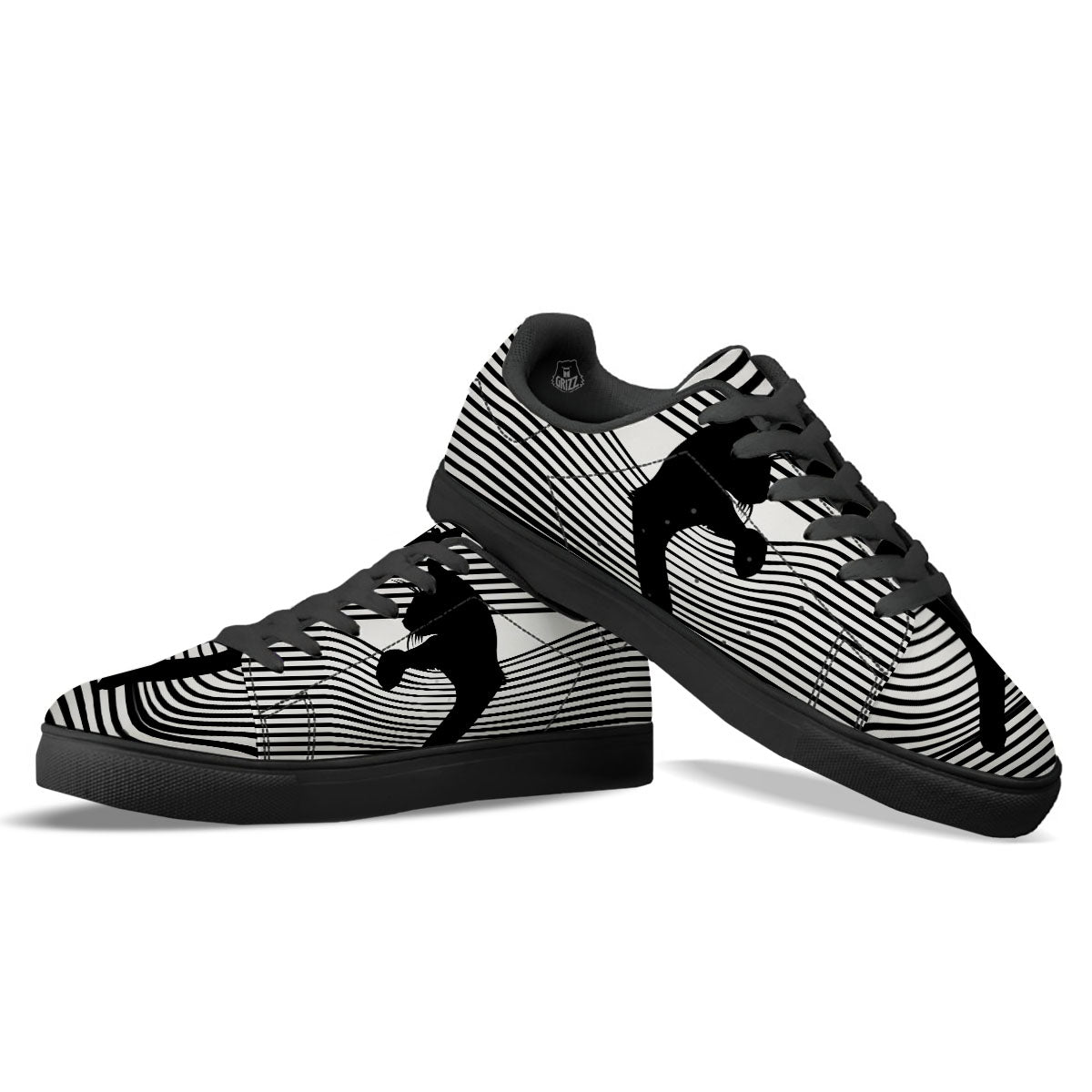Striped Black Cat Print Black Low Top Sneakers-grizzshop