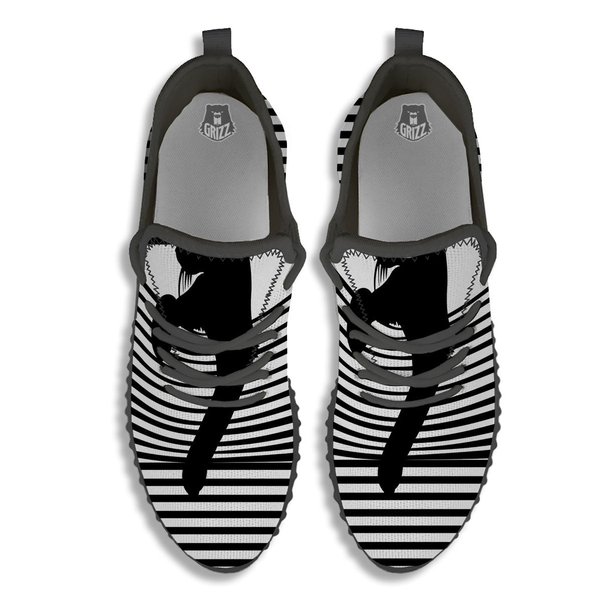 Striped Black Cat Print Black Walking Shoes-grizzshop