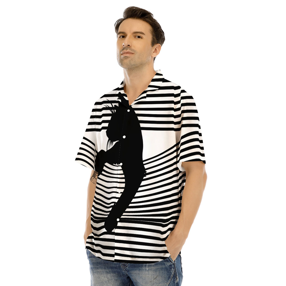 Striped Black Cat Print Men's Hawaiian Shirt-grizzshop