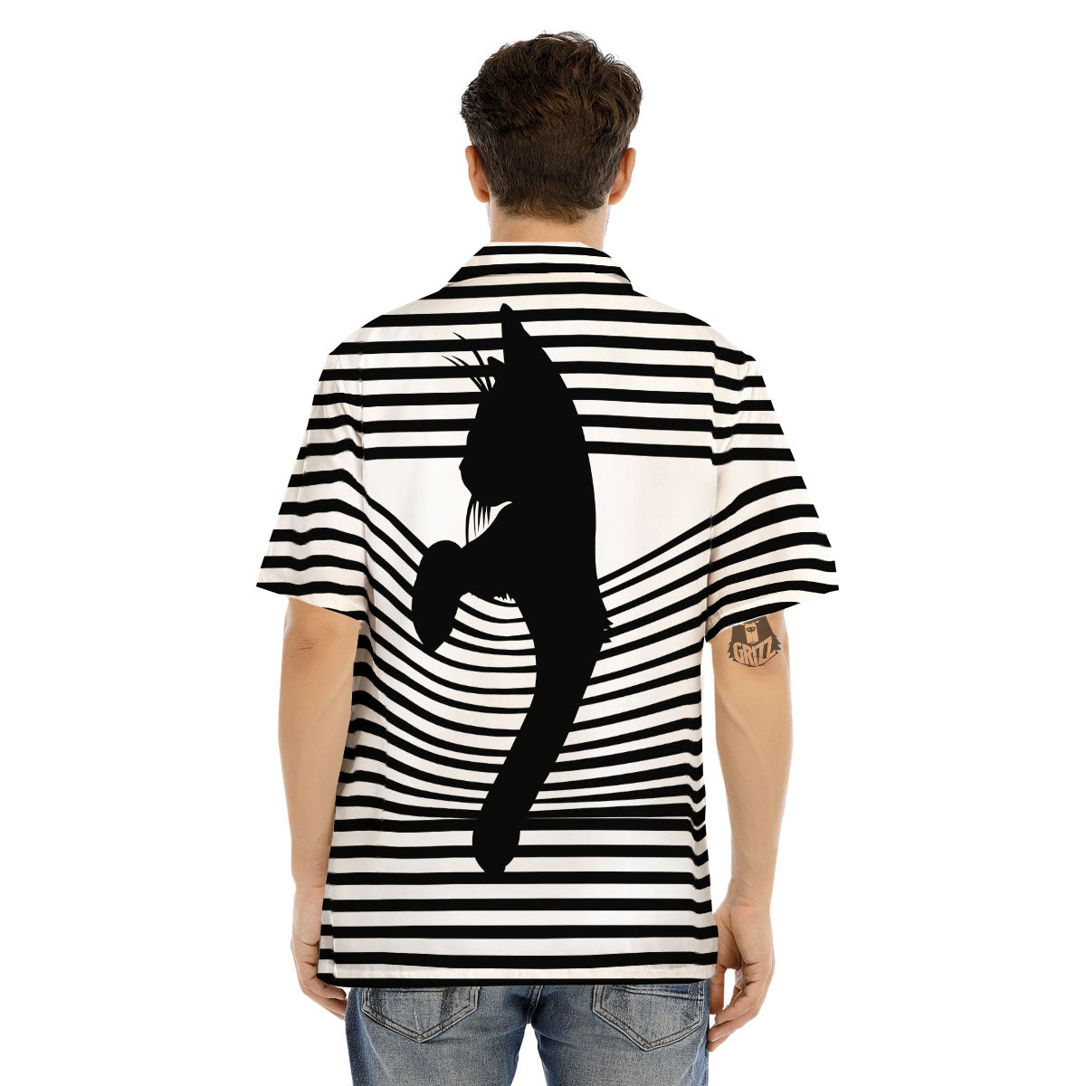 Striped Black Cat Print Men's Hawaiian Shirt-grizzshop