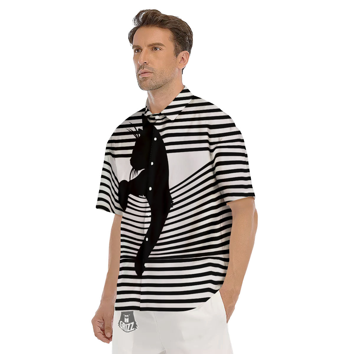 Striped Black Cat Print Men's Short Sleeve Shirts-grizzshop