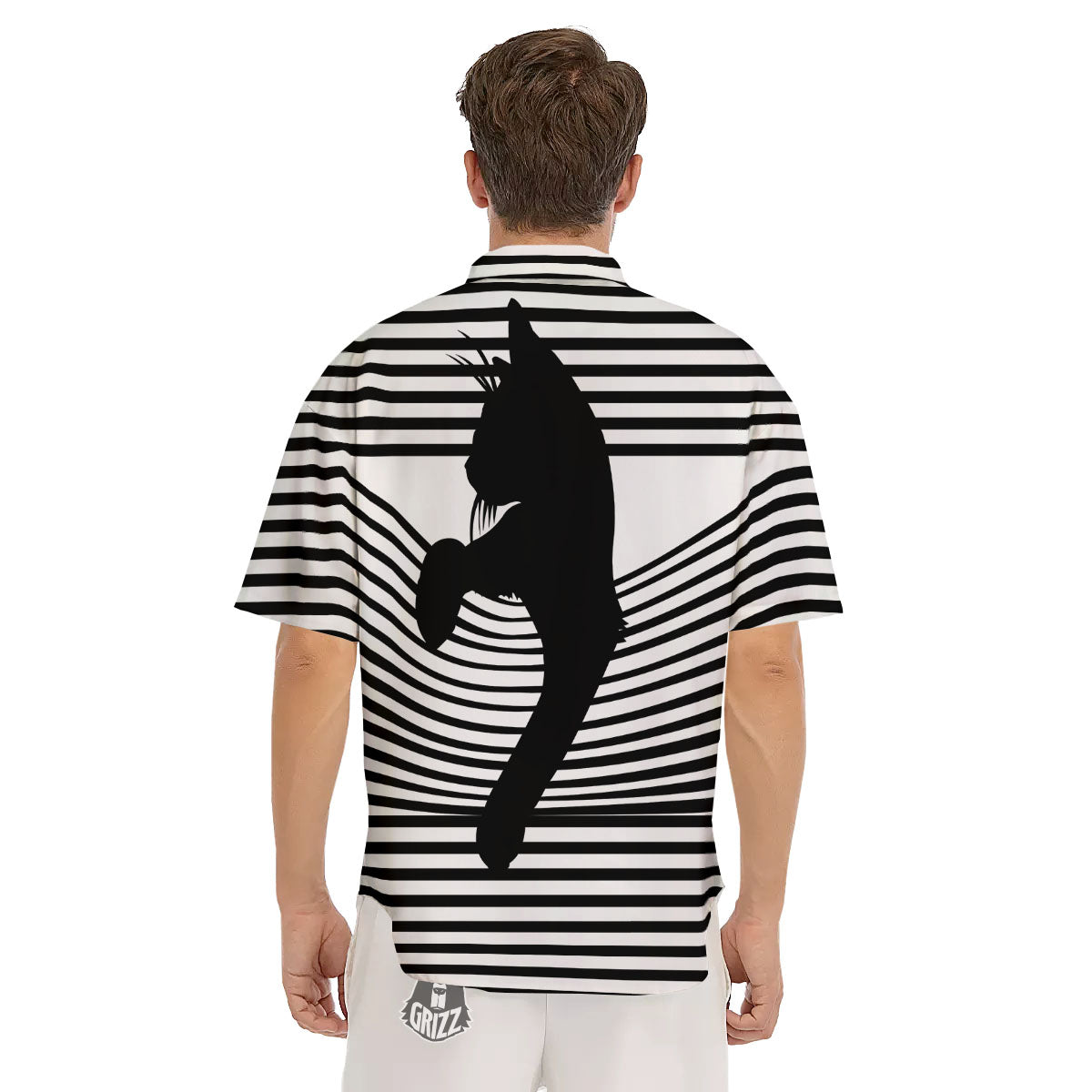 Striped Black Cat Print Men's Short Sleeve Shirts-grizzshop