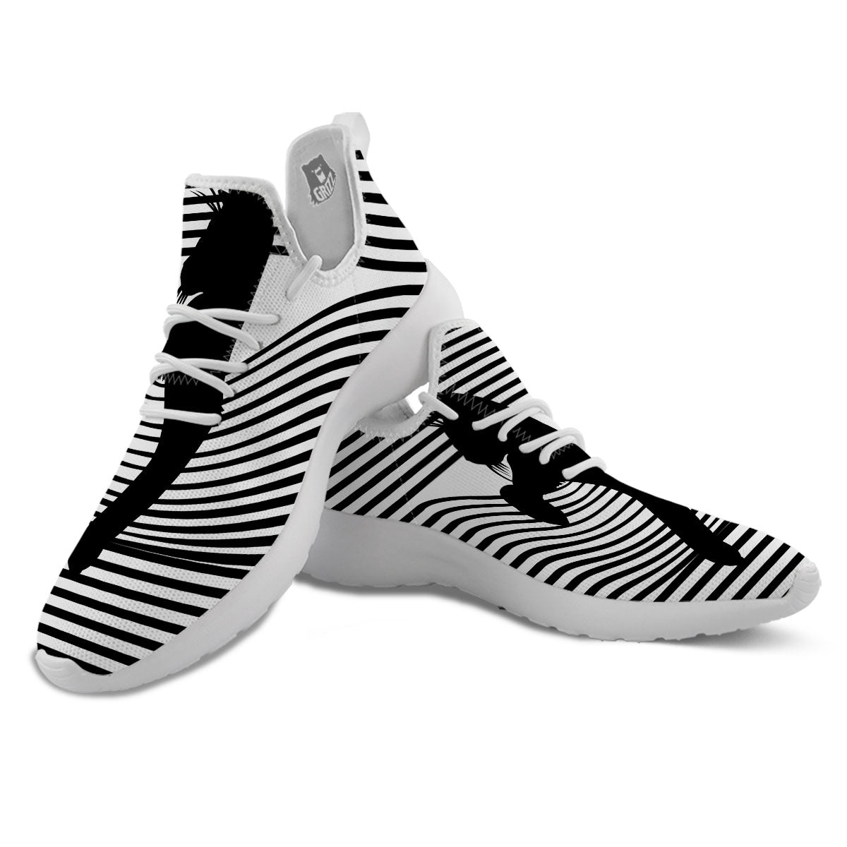 Striped Black Cat Print White Athletic Shoes-grizzshop