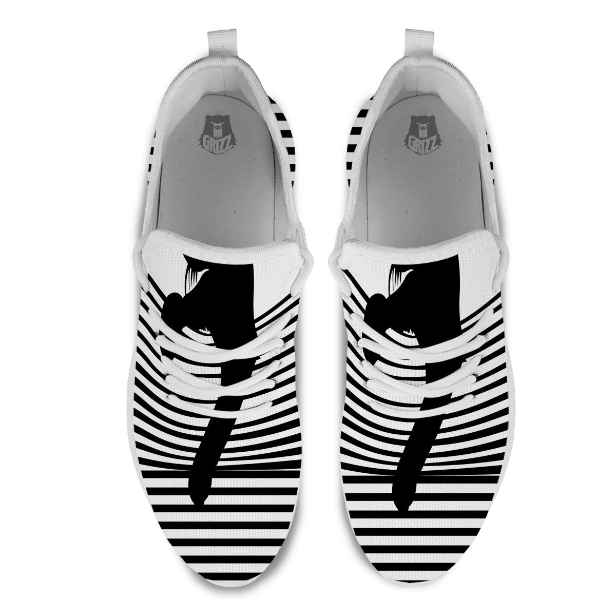 Striped Black Cat Print White Athletic Shoes-grizzshop