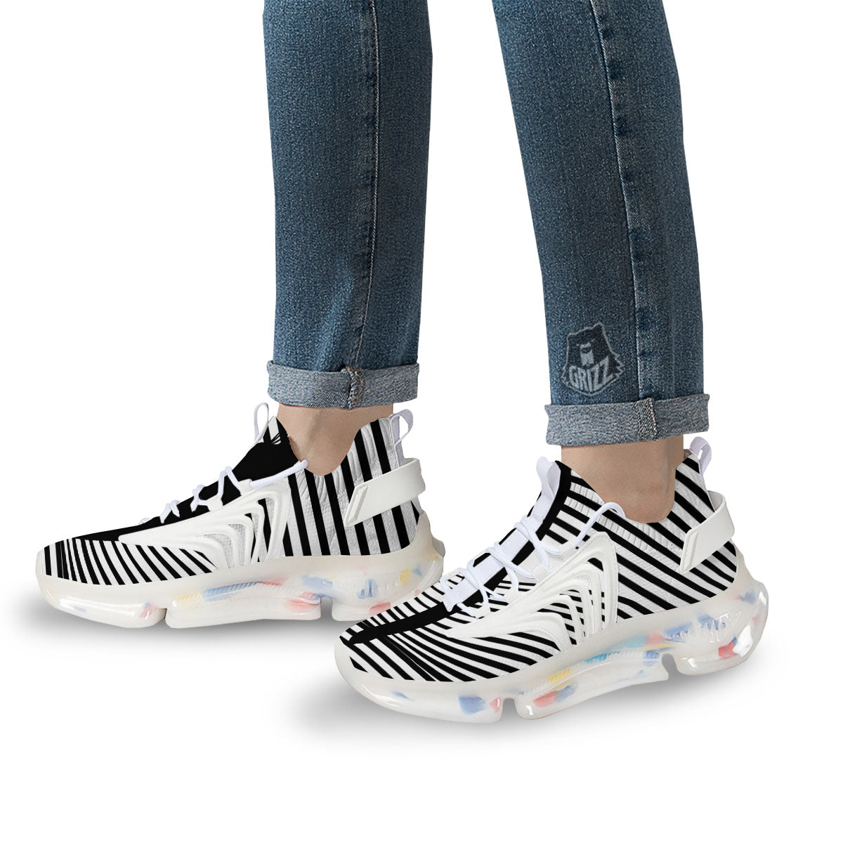 Striped Black Cat Print White Gym Shoes-grizzshop