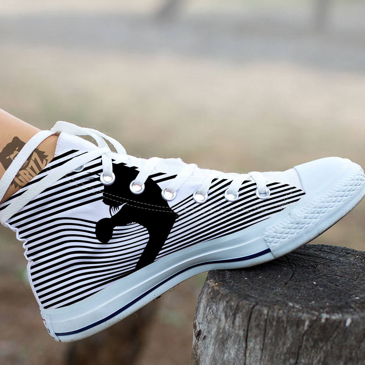 Striped Black Cat Print White High Top Shoes-grizzshop