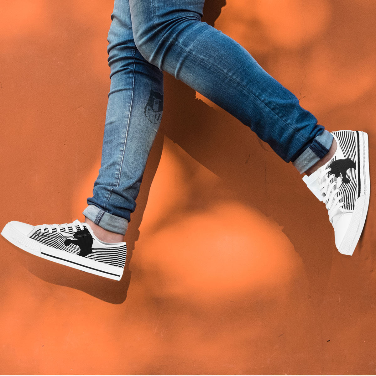 Striped Black Cat Print White Low Top Shoes-grizzshop